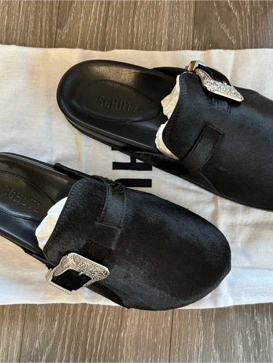 SCHUTZ Shoes - SCHUTZ Black Slip-On Mule with Decorative Silver Buckle